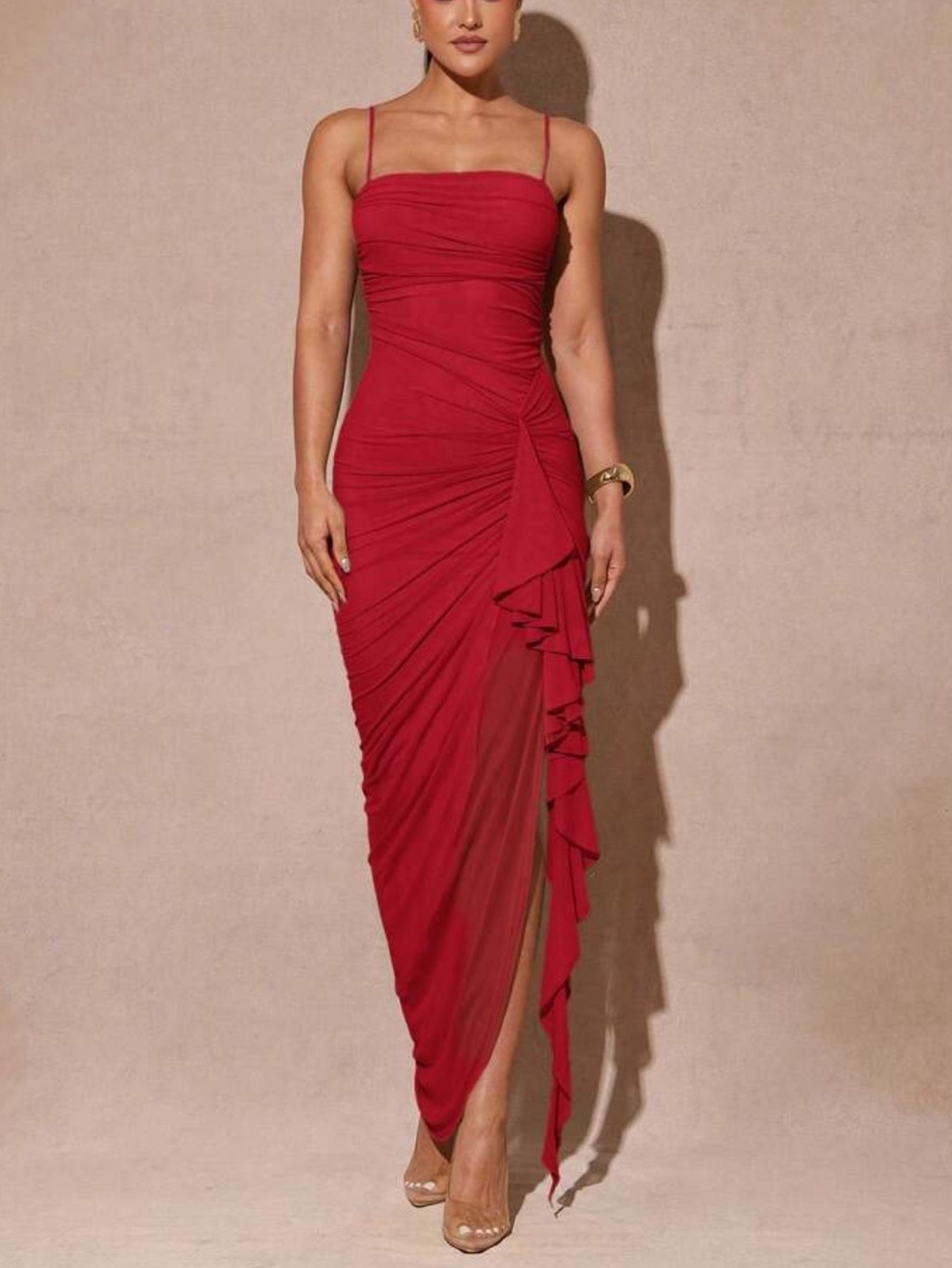 Red Ruched Sheath Dress with Side Ruffle